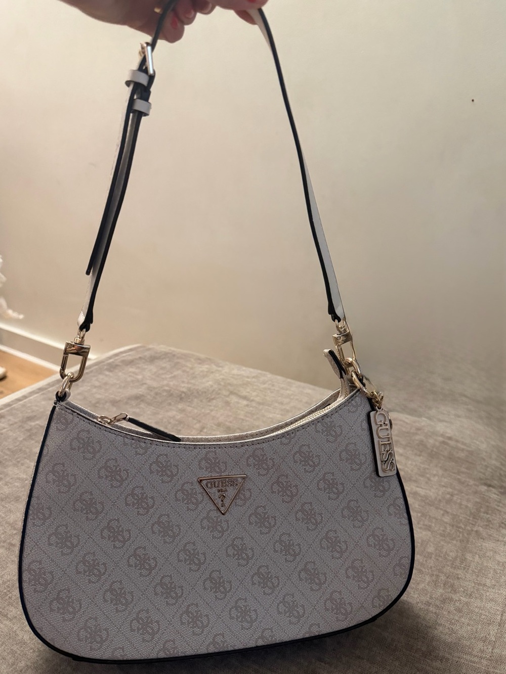 GUESS Cream and Black Monogram Shoulder Bag with Gold Hardware
